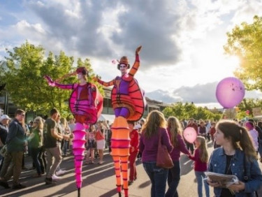 Entertainers dressed with stilts walking through Overseas Passenger Terminal 