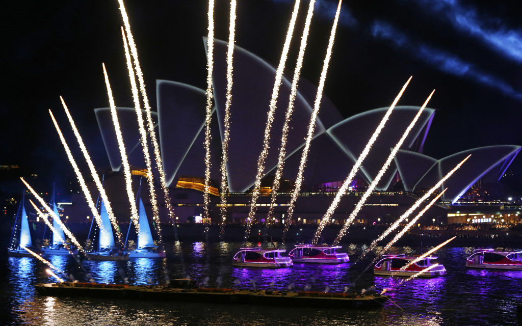 Flotilla of yachts with fireworks at Australia Day Live