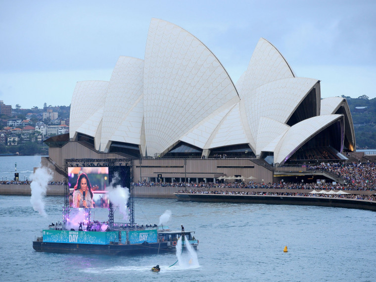 Christine Anu on screen and Jetpack Performers on Sydney Habour during Live at the Quay on Australia Day 2018