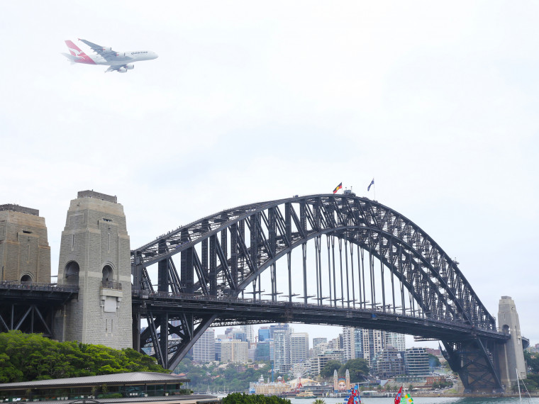 Qantas A380 flying over Sydney Harbour Bridge on Australia Day 2018