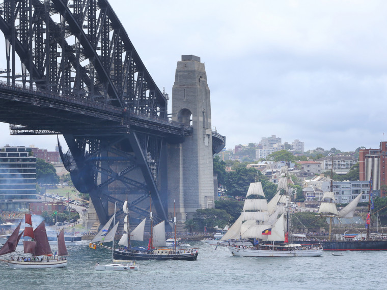 Tall Ships Racing to the finish under the Sydney Harbour Bridge on Australia Day 2018