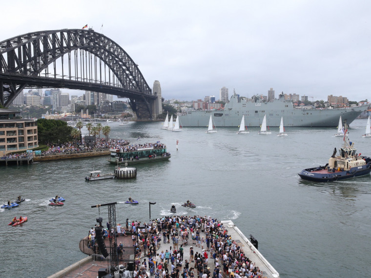 Yachts in front of HMAS Canberra and the Sydney Harbour Bridge on Australia Day 2018