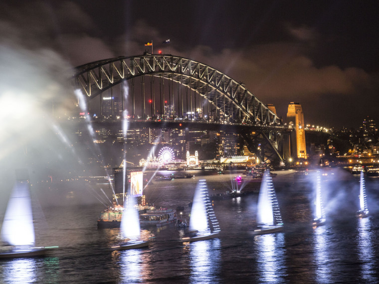 Yachts lit up on Sydney Habour during Live at the Quay on Australia Day 2018