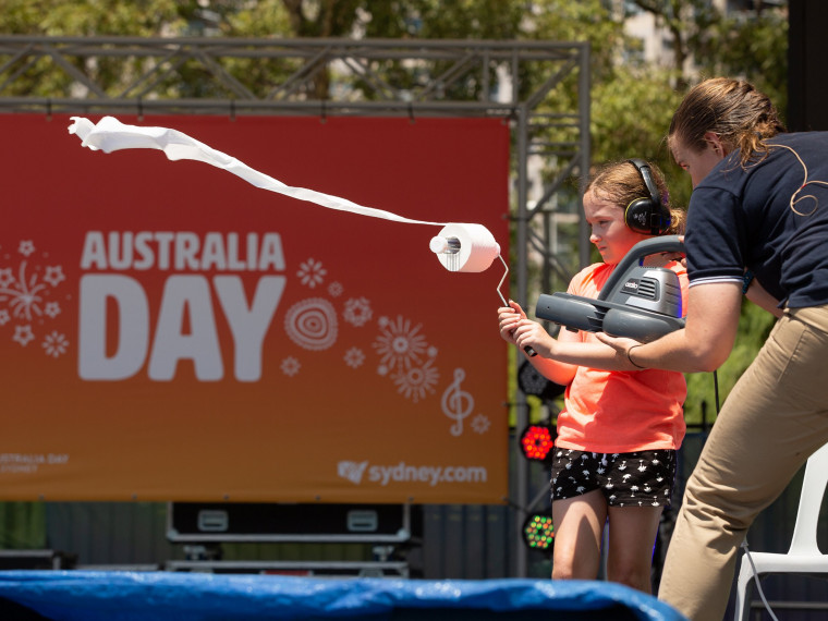 Crowd participation during the Big Science Show at the Summer Playground in Darling Harbour