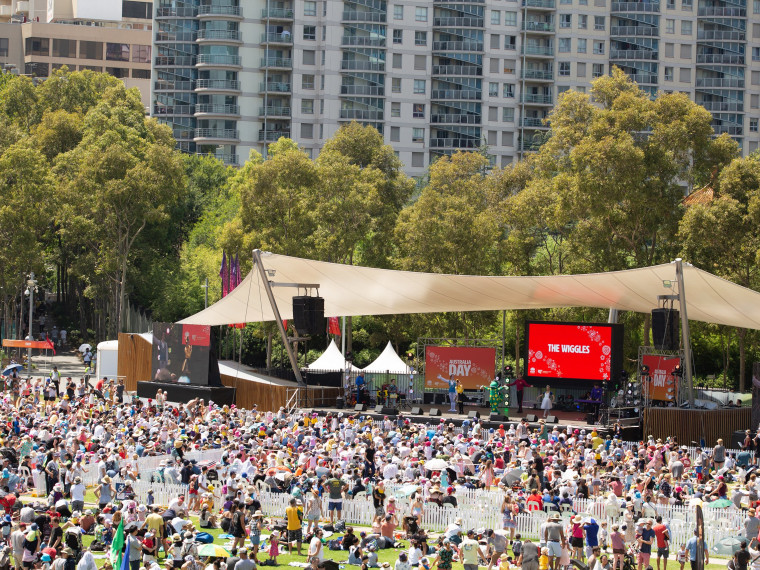 Crowd watching all the action on stage at the Summer Playground in Darling Harbour