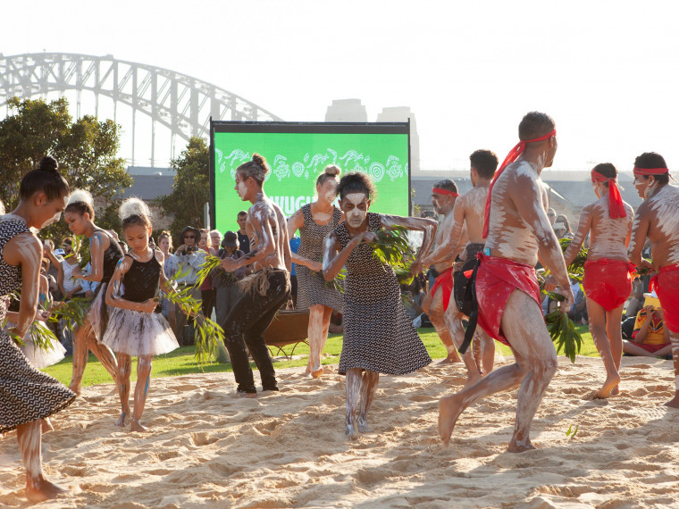 Dancers in the sand circle at the Wugulora Morning Ceremony