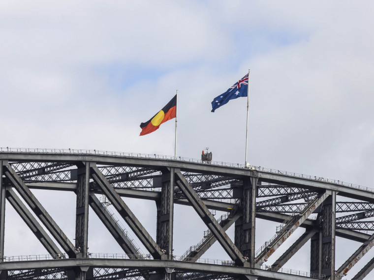 Aboriginal and Australian Flags raised on Sydney Harbour Bridge (Australia Day 2022)