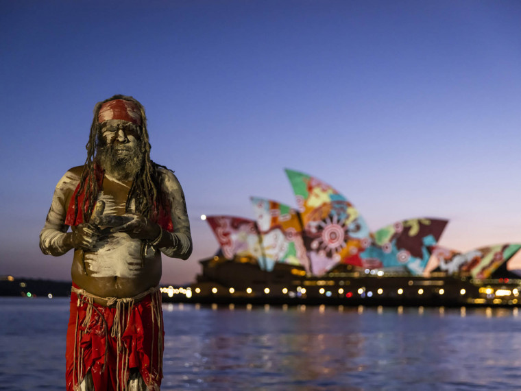 Dawn Reflection Sydney Opera House Koomurri performer (Australia Day 2022)