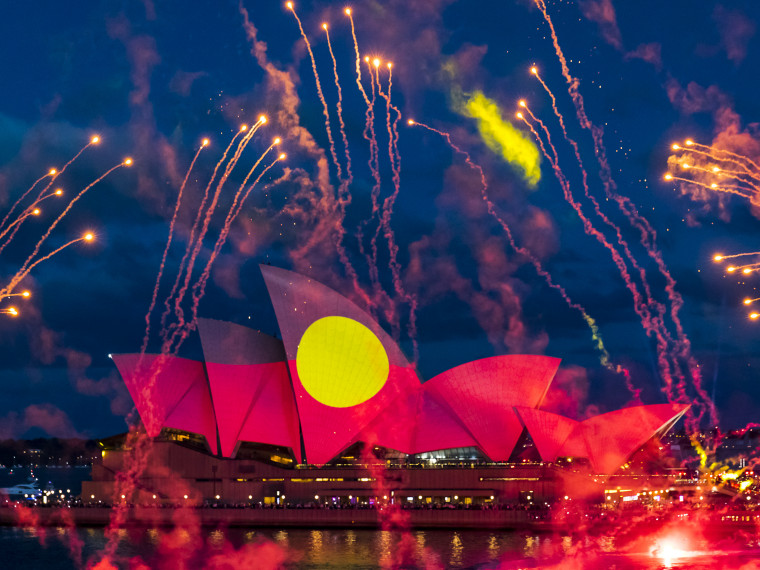 Australia Day Live at Circular Quay- Aboriginal flag on Sydney Opera House sails (2022)
