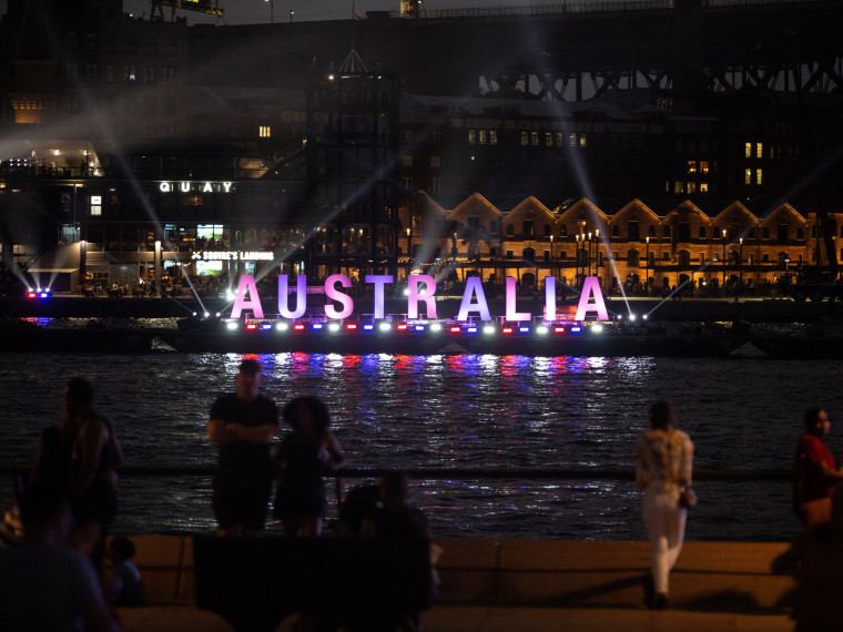 A-U-S-T-R-A-L-I-A letters on Sydney Harbour during Australia Day Live 2021