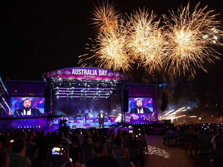 Fireworks as tenor Lorenzo Rositano performs for Australia Day Live at Sydney Opera House
