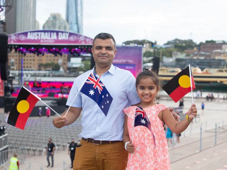 New citizen Abhijeet with daugher at Australia Day Live at Sydney Opera House