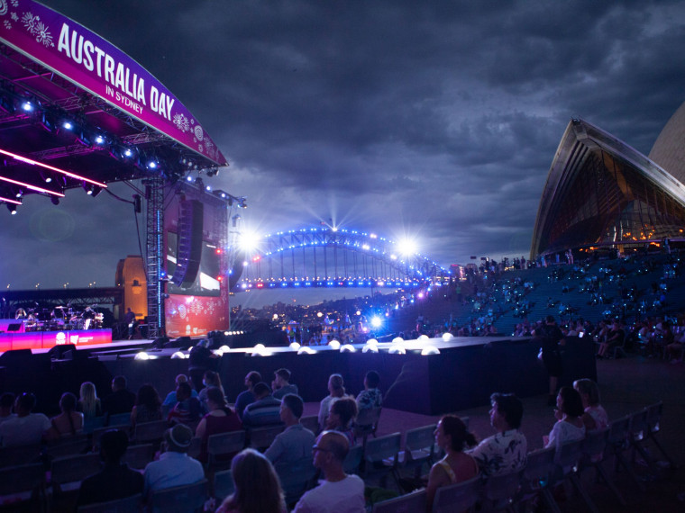 Sydney Opera House and harbour Bridge with the Australia Day Live stage
