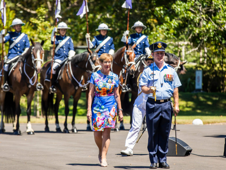 Governor of NSW Margaret Beazley OAM during Salute to Australia with NSW Mounted Police in background