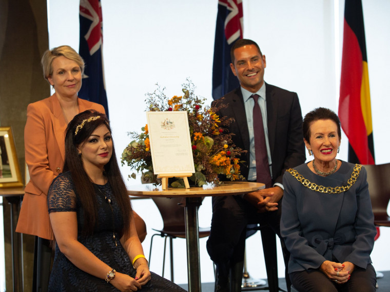 New citizen Sohiela with Lord Mayor Clover Moore Tanya Plibersek MP and Alex Greenwich MP