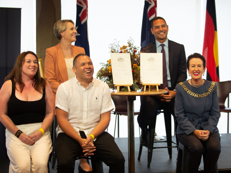New citizens Claire and Leon with Lord Mayor Clover Moore Tanya Plibersek MP and Alex Greenwich MP
