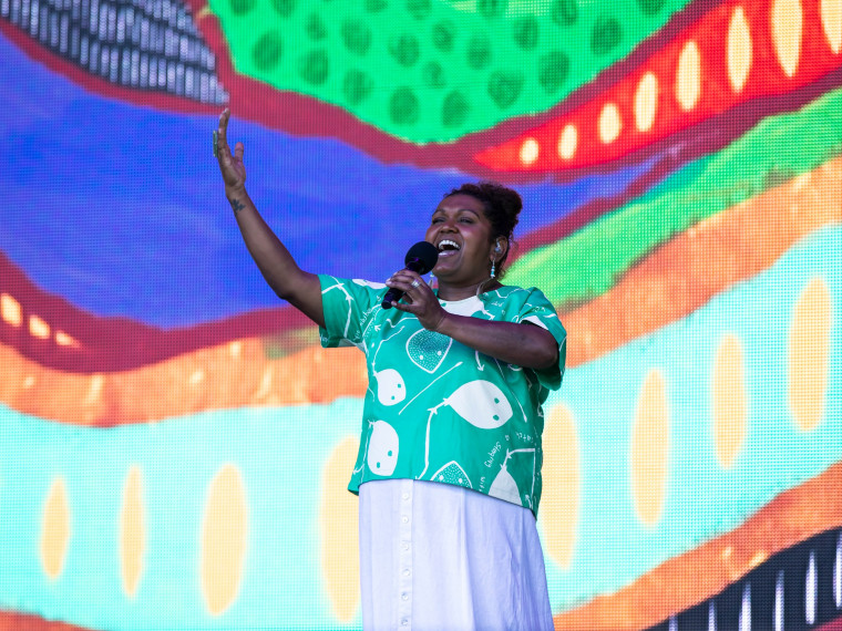 Emma Donovan singing at the WugulOra Morning Ceremony 2021