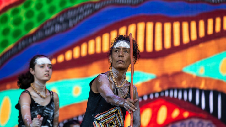 Performers on stage at the WugulOra Morning Ceremony 2021